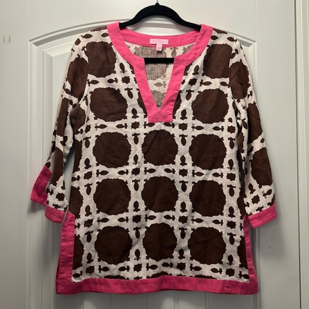Lilly Pulitzer 100% Linen Brown Print Pink Trim Tunic Top Women's Size Small
